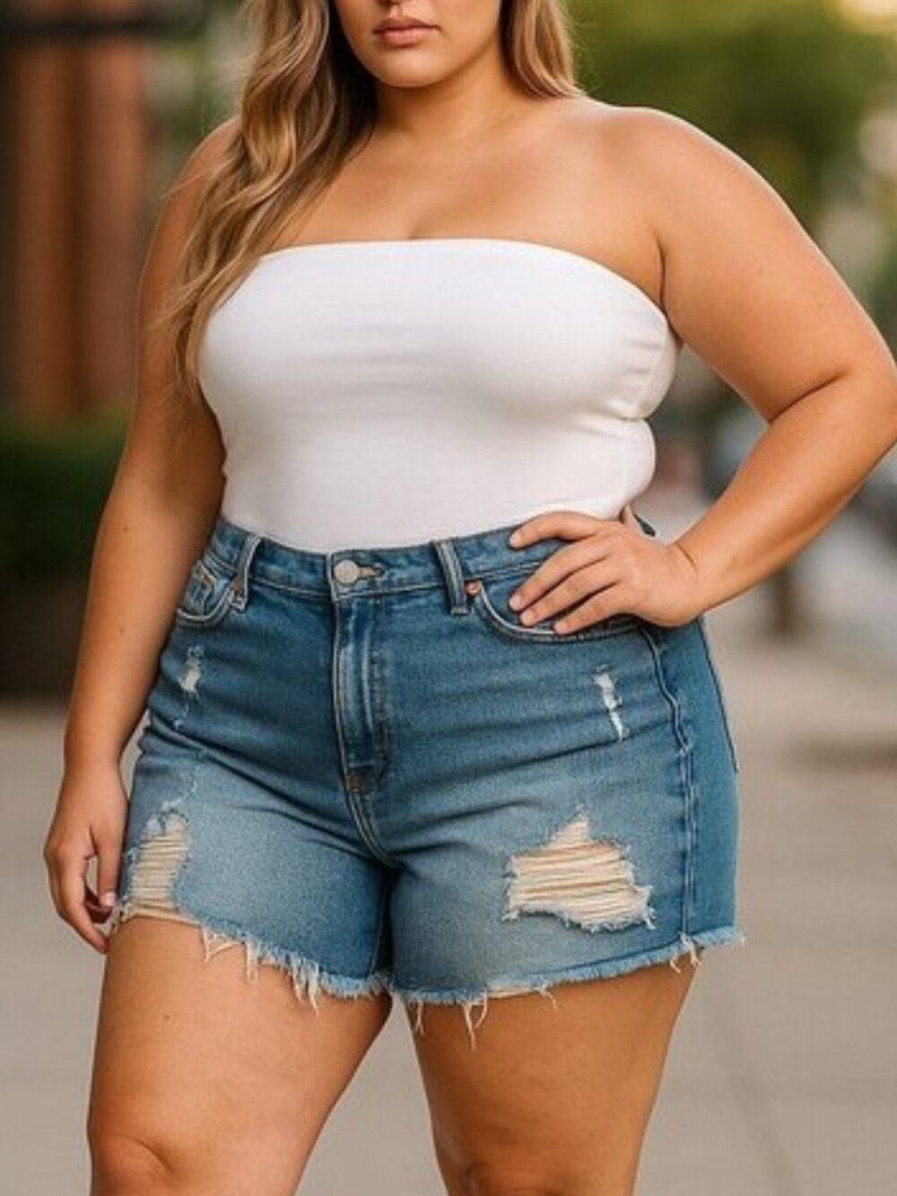 SOFIA VERGARA High Waisted Jean Shorts 16 Chi Distressed Frayed Plus Denim Short - Picture 1 of 9